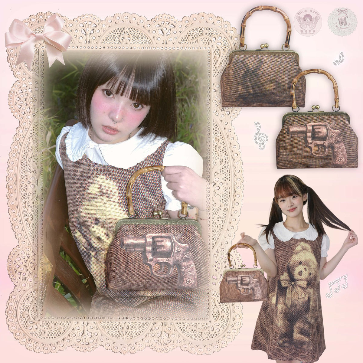 TOOTHMARE Brown Velvet Printed Bamboo-Handle Bag with Crossbody Strap, view 2