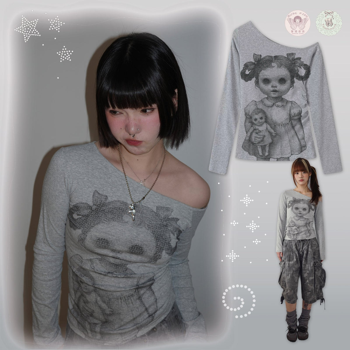 TOOTHMARE One-Shoulder Top in Grey, view 2