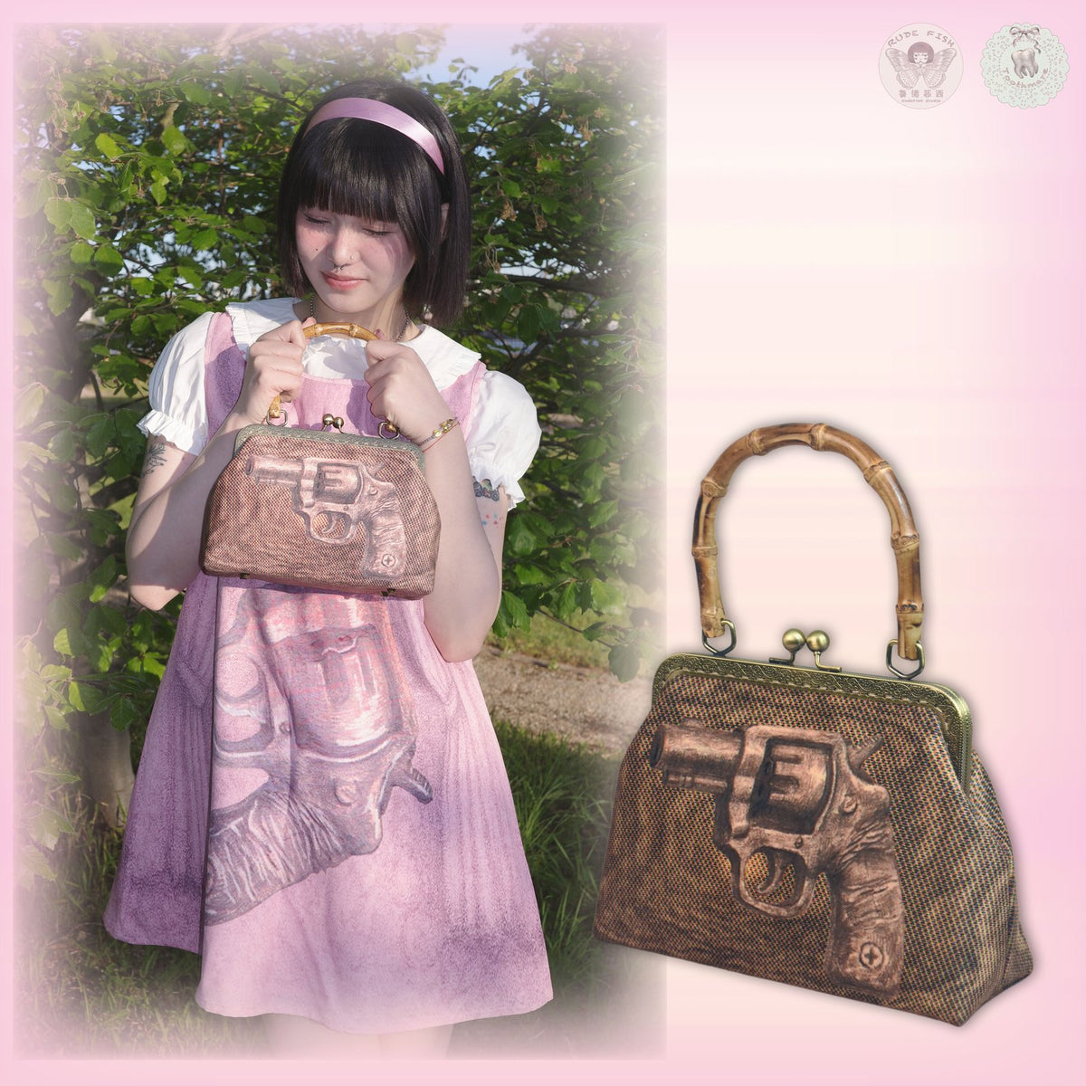 TOOTHMARE Brown Velvet Printed Bamboo-Handle Bag with Crossbody Strap, view 3