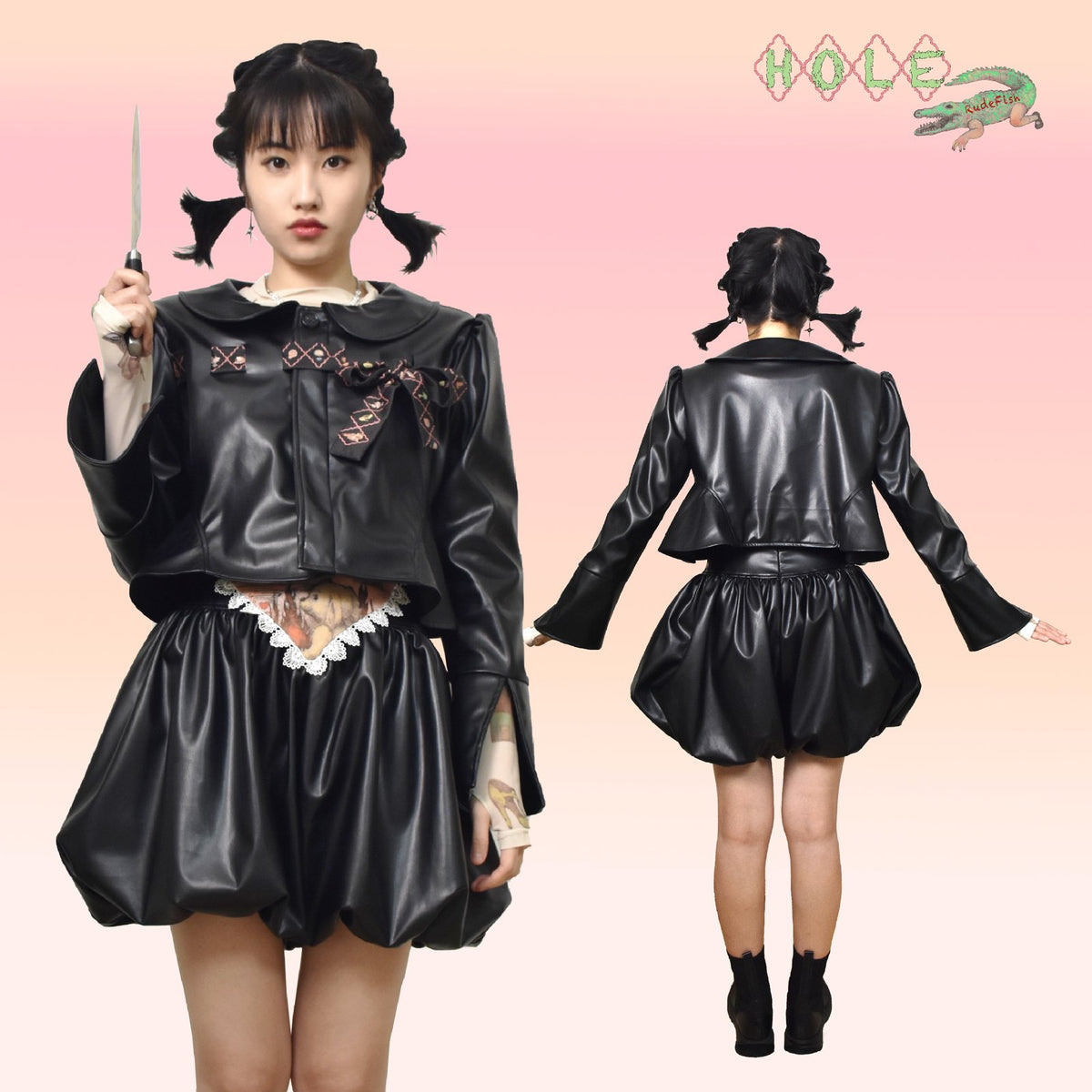 HOLE Faux Leather Jacket & Skirt, view 6