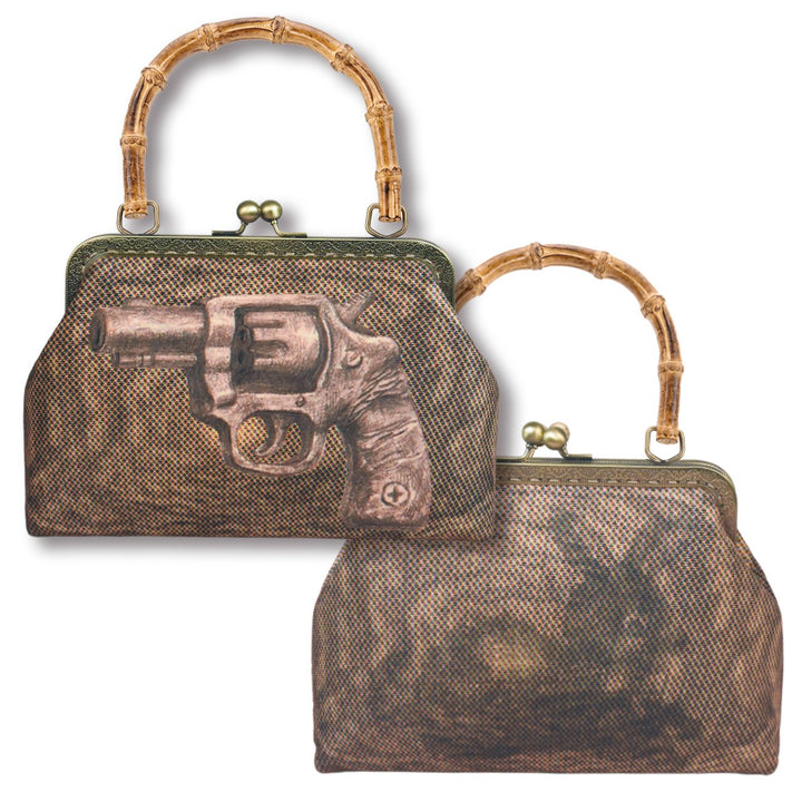 TOOTHMARE Brown Velvet Printed Bamboo-Handle Bag with Crossbody Strap