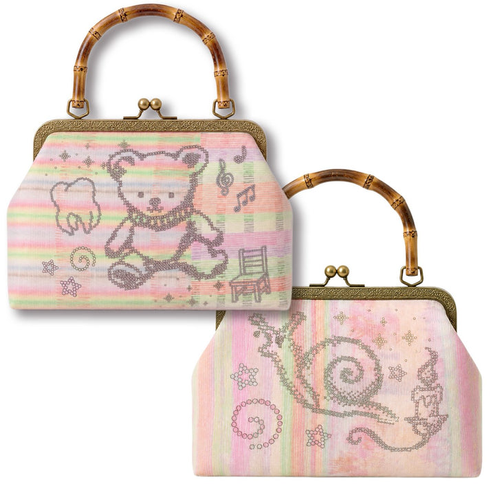 TOOTHMARE Pink Velvet Printed Bamboo-Handle Bag with Crossbody Strap