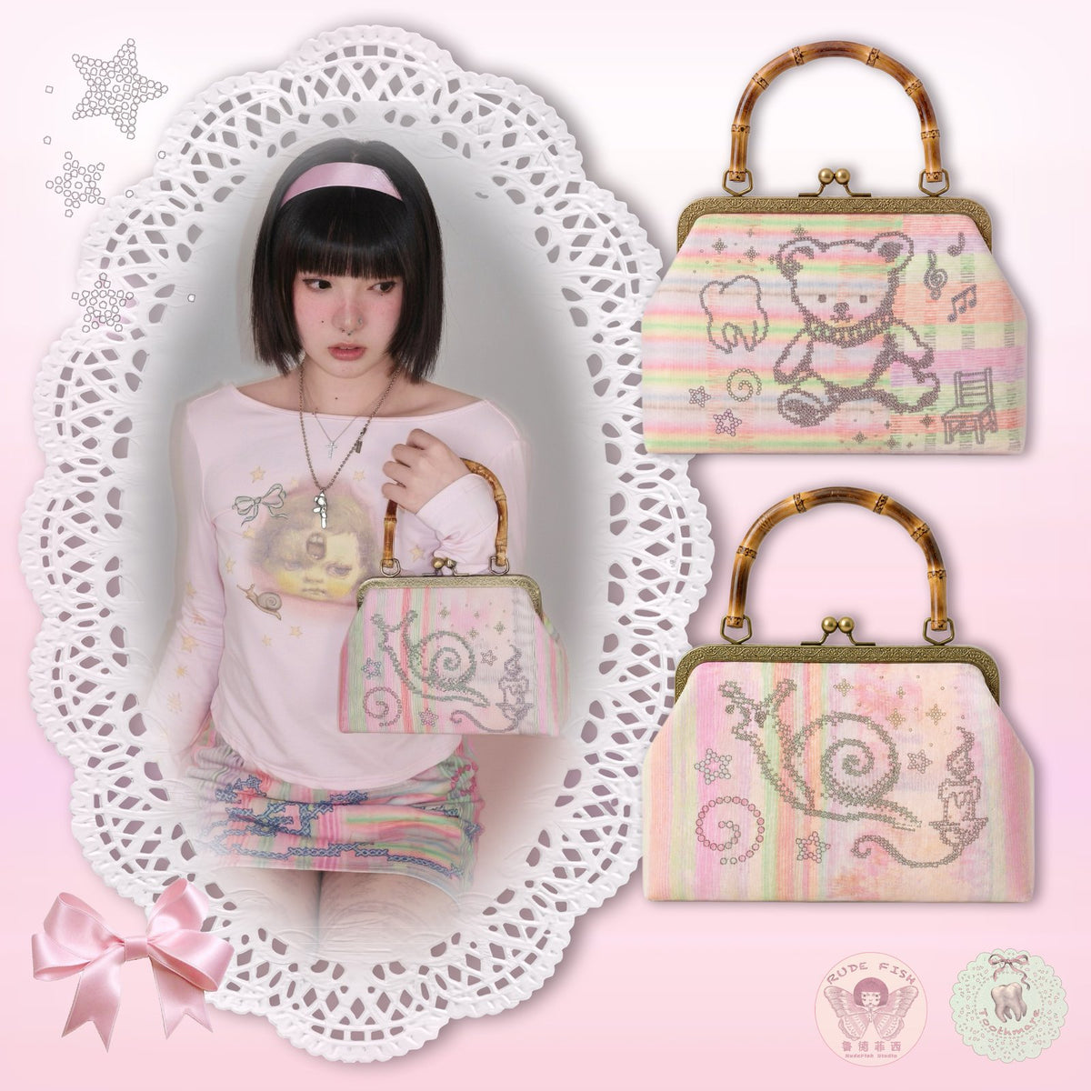 TOOTHMARE Pink Velvet Printed Bamboo-Handle Bag with Crossbody Strap, view 2