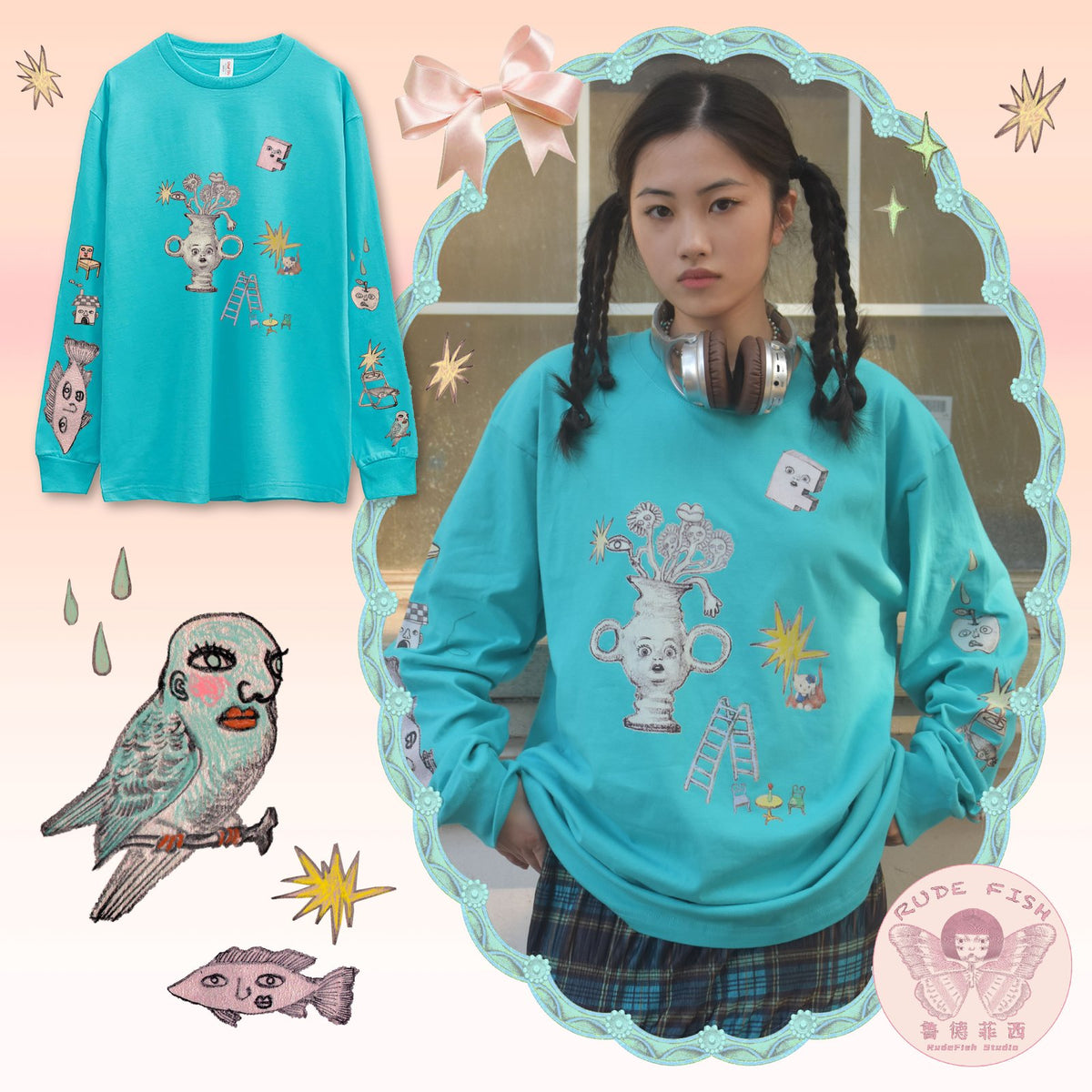 SENSATION Long-Sleeve Tee in Turquoise, view 2
