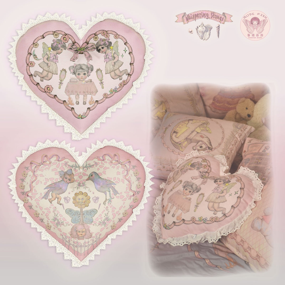 WHISPERING STONES Heart Cushion in Pink, view 2