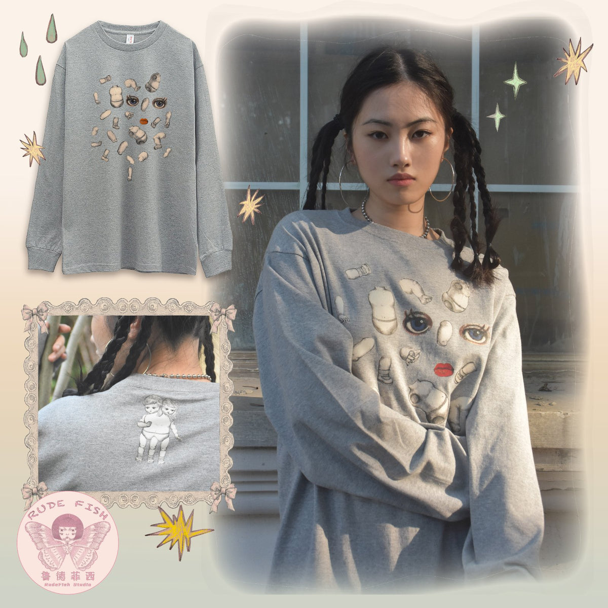 EXOTIC ARK Doll Parts Long-Sleeve Tee in Grey, view 2