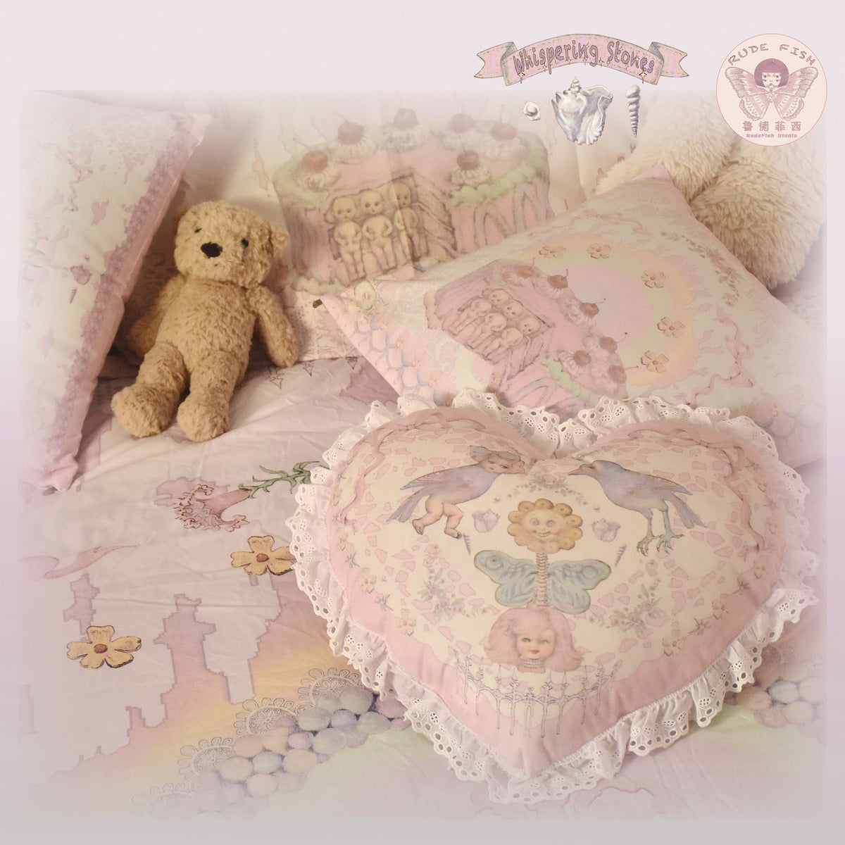 WHISPERING STONES Heart Cushion in Pink, view 3