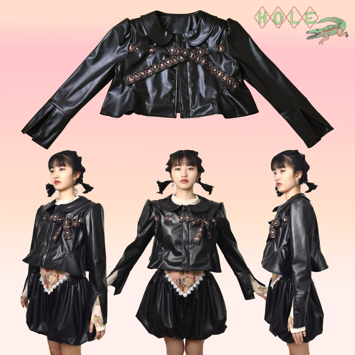 HOLE Faux Leather Jacket & Skirt, view 3
