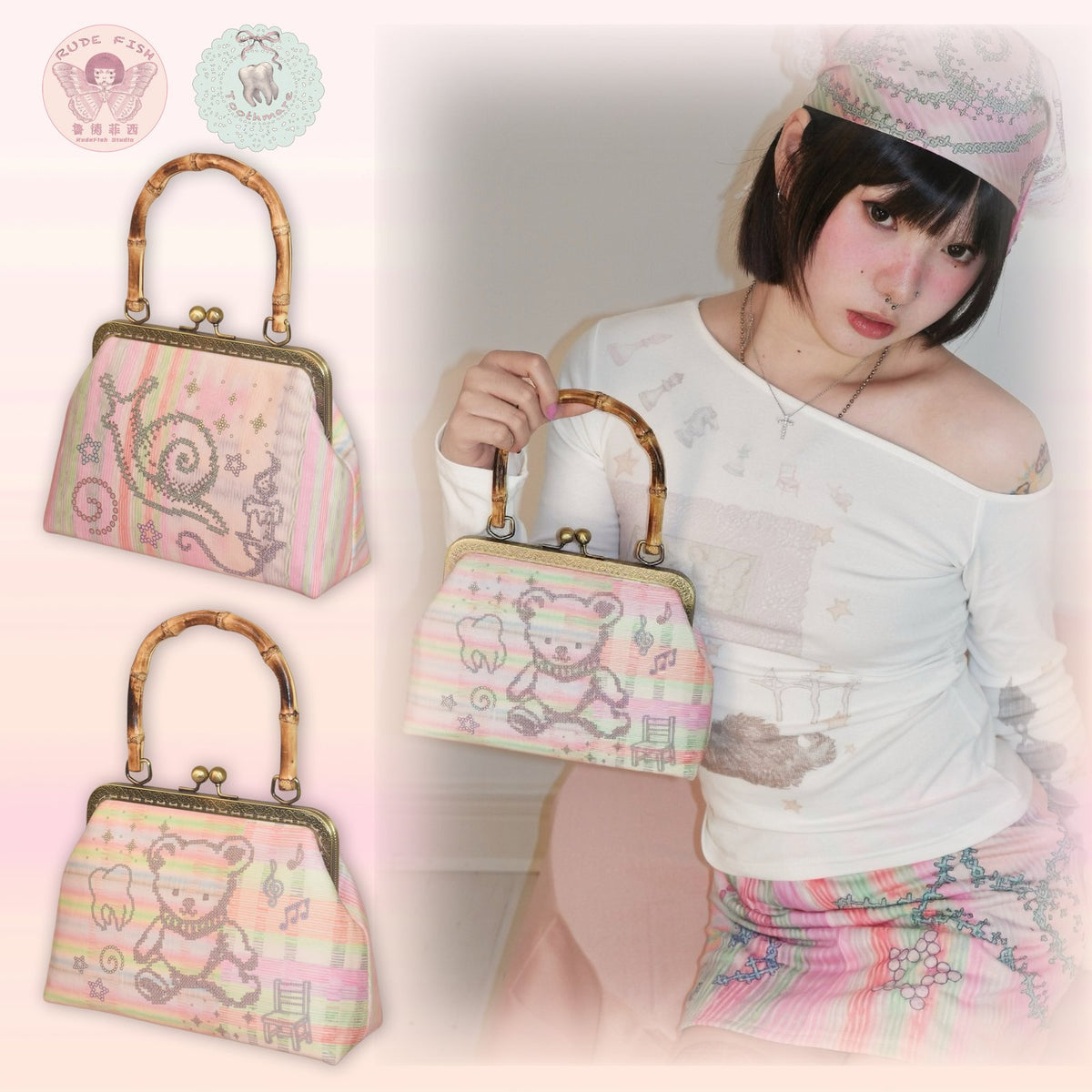TOOTHMARE Pink Velvet Printed Bamboo-Handle Bag with Crossbody Strap, view 3