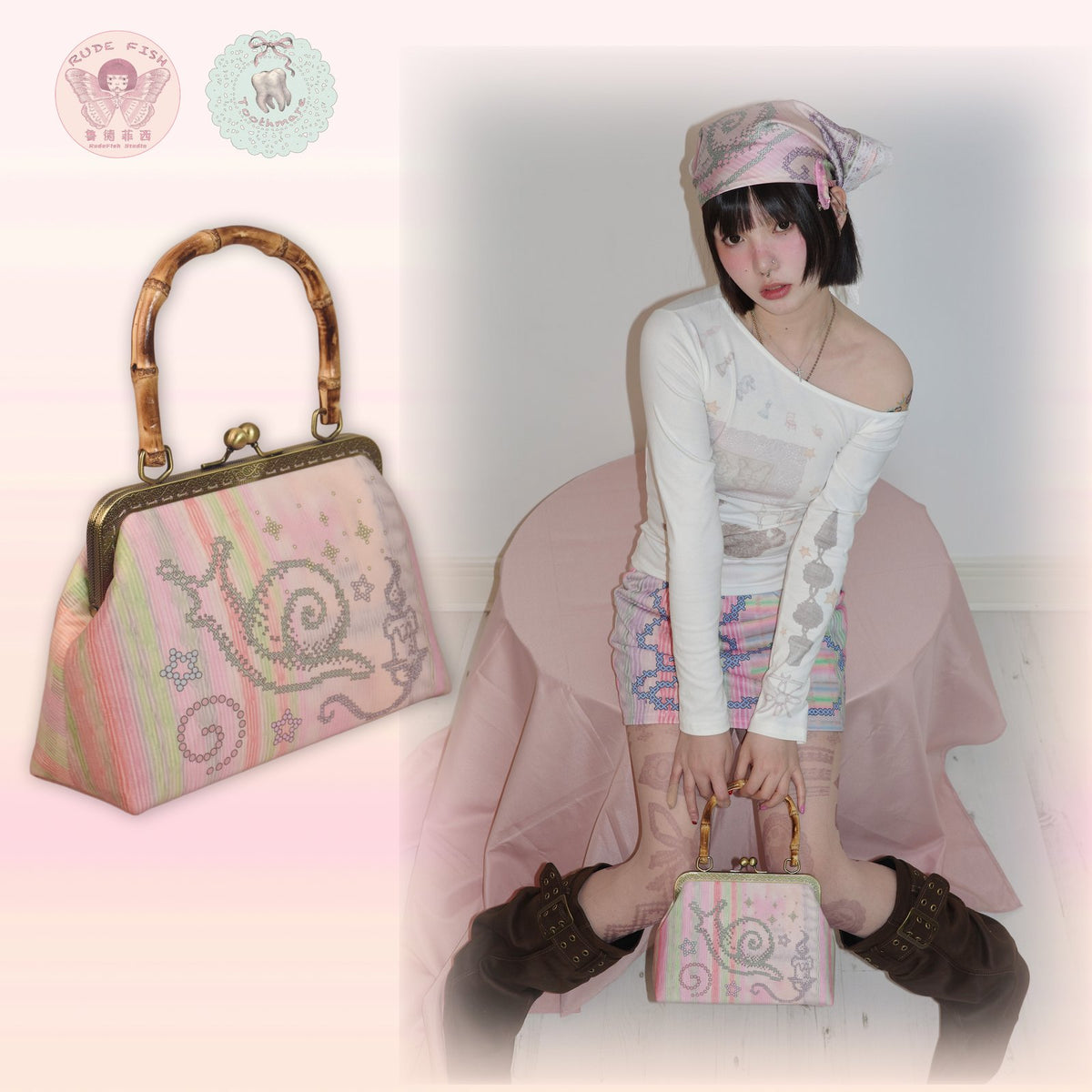 TOOTHMARE Pink Velvet Printed Bamboo-Handle Bag with Crossbody Strap, view 4
