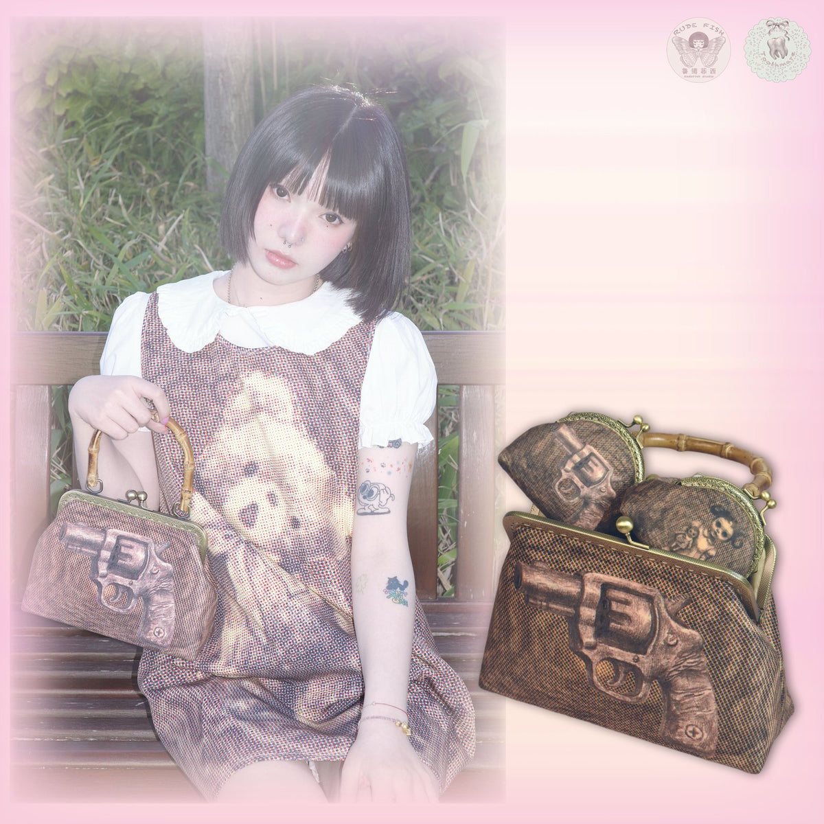 TOOTHMARE Brown Velvet Printed Bamboo-Handle Bag with Crossbody Strap, view 4