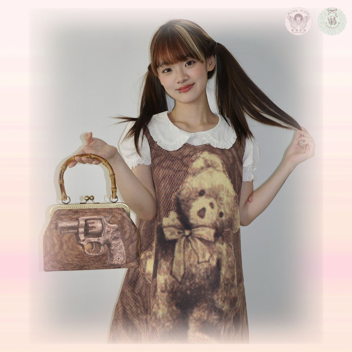 TOOTHMARE Brown Velvet Printed Bamboo-Handle Bag with Crossbody Strap, view 5