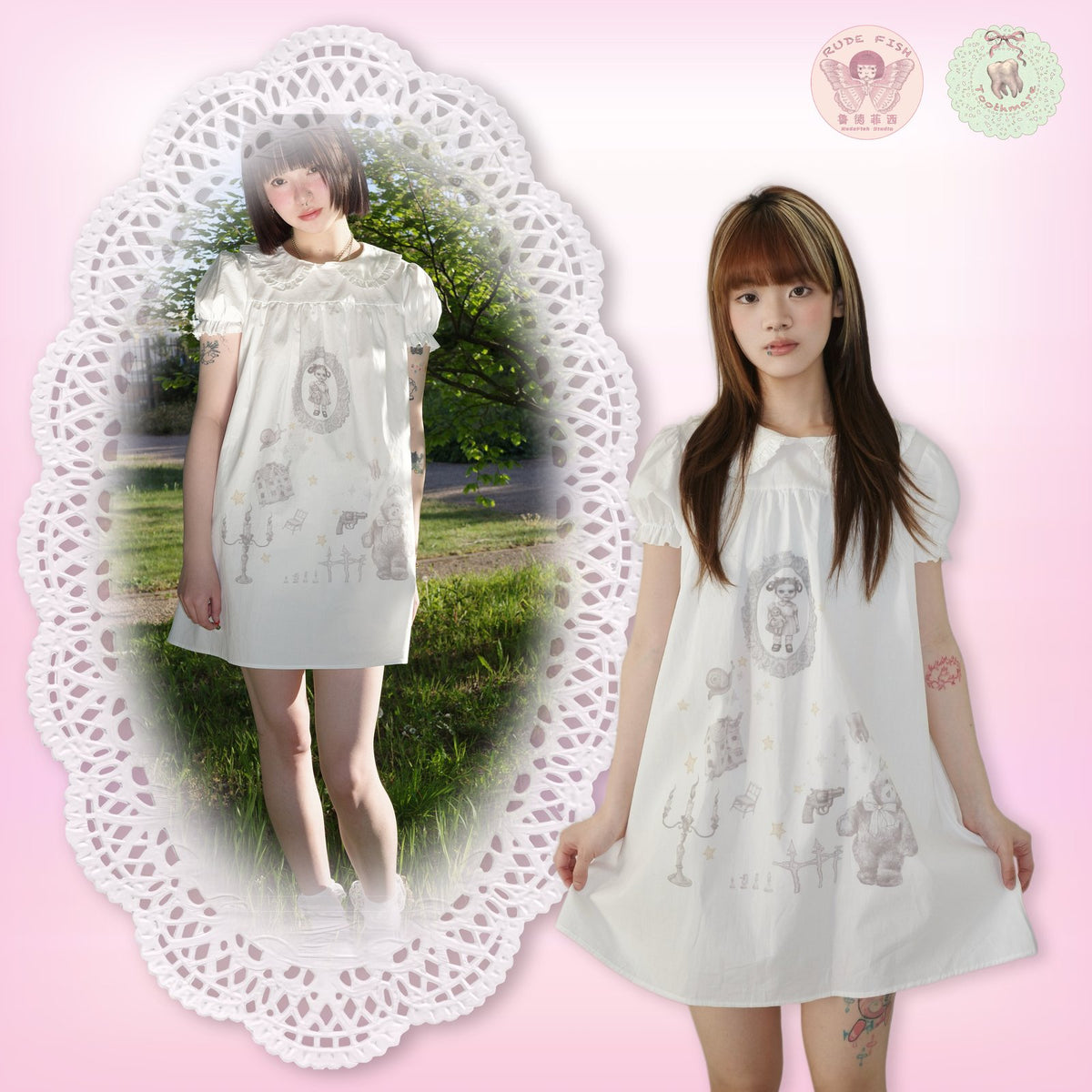 TOOTHMARE Babydoll Dress in White, view 5
