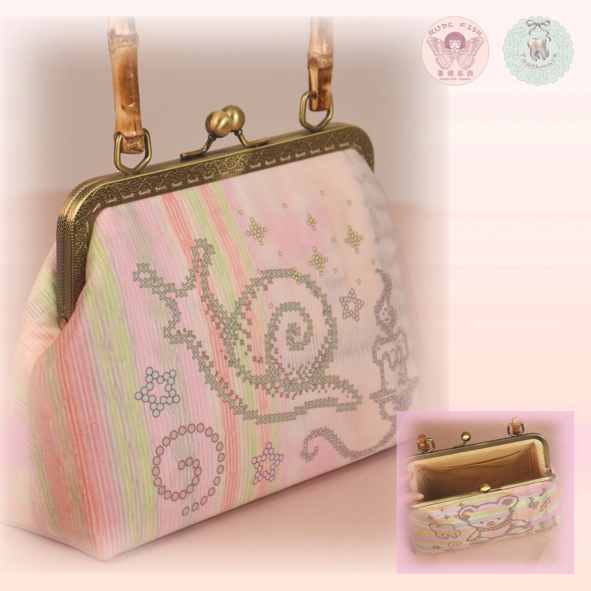 TOOTHMARE Pink Velvet Printed Bamboo-Handle Bag with Crossbody Strap, view 5