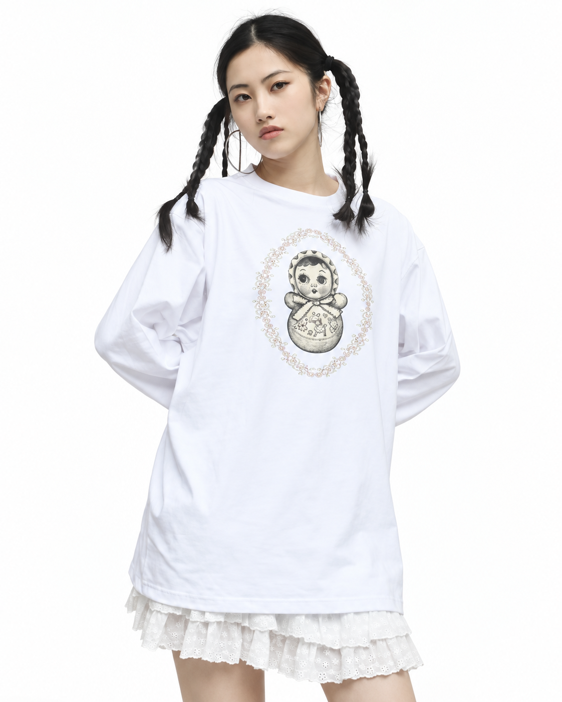 EXOTIC ARK Roly-Poly Long-Sleeve Tee in White